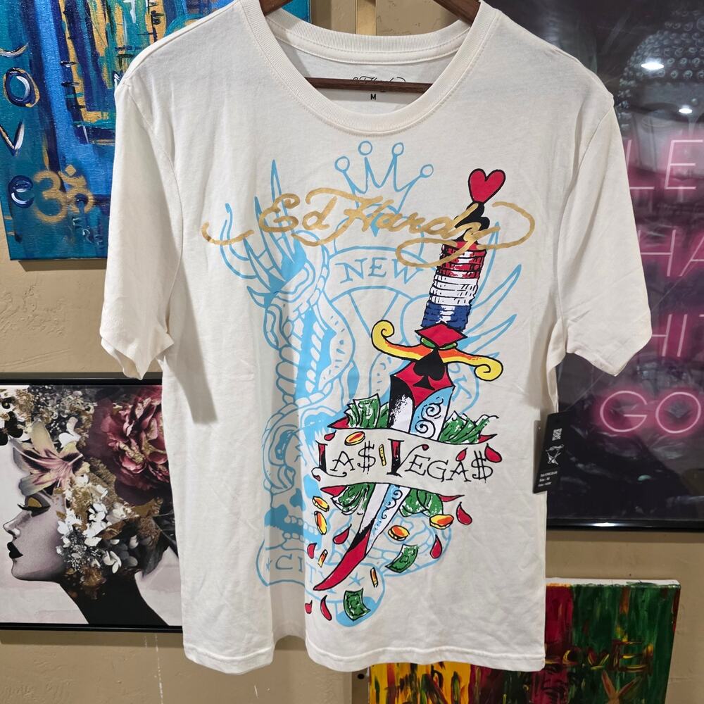 NWT Ed Hardy Y2K Style Deadstock Streetwear Cream Sword Tee Size Medium